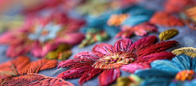 Zbliżenie haftu kwiatowego na tkaninie